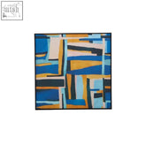 Abstract painting astratto multicolour abstract painting with bold blue yellow and black geometric stripes in a modern frame