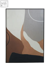 Abstract neutral canvas wall art featuring soft beige, muted gray, warm brown, and black shapes with white accents