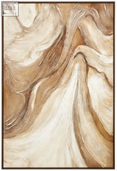 Beige and cream wall art with flowing textured brushstrokes in a dark brown frame featuring circular carved patterns