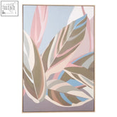 A framed abstract pastel leaves canvas wall art featuring stylized pink blue and beige leaves on a muted background
