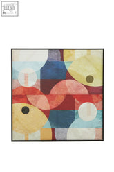 Abstract geometric square wall art with overlapping circles and rectangles in muted red blue yellow and beige in black frame