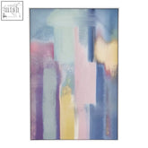 A modern astratto water colour wall art with vertical brushstrokes in pastel pink yellow and blue on gray background