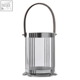 Astro small silver lantern with clear glass body and black leather handle perfect for cozy lighting