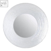 Athena round wall mirror with a white textured frame featuring concentric ridged lines in a silver finish wall mirror