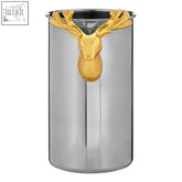 Atholl wine cooler is a sleek silver cylindrical ice bucket with a polished gold deer head for stylish chilling