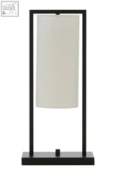 Atkins black table lamp with black metal frame and off-white white linen cylindrical fabric shade