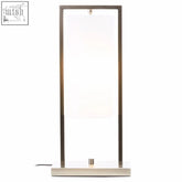 Modern rectangular table lamp with a sleek satin nickel frame and soft white fabric shade in nickel finish table design