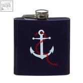 Navy blue auden hip flask with white anchor design and red rope detail perfect for stylish on the go use