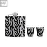 Silver auden zebra hip flask with black and white zebra print and two matching shot glasses set