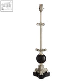 Silver-toned august table lamp base with an ornate decorative base and a central black spherical accent detail