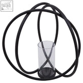 Aura large matte black finish candle holder with black metal wire sphere and clear glass cylinder insert