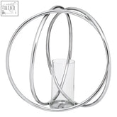 Aura large silver finish candle holder with silver metallic spherical base and glass cylinder inside circular rings