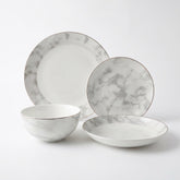 Elegant white fine bone china dinnerware set with gray marble pattern and silver rims aurelia 16-piece set