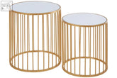 Avantis gold set of 2 cylindrical side tables with gold tone vertical slats and mirrored glass tops saving floor space