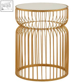 Avantis gold metal wireframe round side table with a clear glass top and gold metal wireframe base