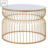 Avantis round side table with gold-toned wireframe base and clear glass top perfect white round side table alternative