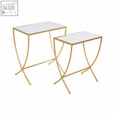 Gold-finished metal avantis set of 2 bamboo design side tables with mirrored rectangular tops and nesting feature