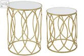 Avantis set of 2 champagne finish side tables with gold metal frames intricate circular design and mirrored glass tops