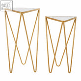 Avantis set of 2 gold finish triangle side tables with metal frame and white glass tops for stylish living room decor