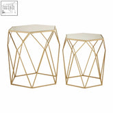 Avantis set of 2 gold-toned geometric side tables with mirrored hexagonal tops for living room use