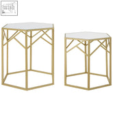 Avantis set of 2 hexagonal side tables with champagne gold finish and mirrored glass tops for stylish living spaces