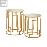 Avantis set of 2 mirrored top round side tables with gold bases and geometric rectangular openwork metal design