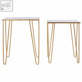 Avantis set of 2 rectangular side tables with gold hairpin legs and white marble tops, no mirrored glass tops