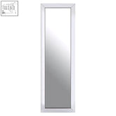 A velene tall floor standing mirror with a sleek white frame features bevelled corners for a minimalist look