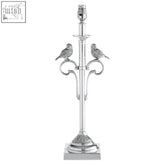 Silver antique lamp base with ornate curved arms and two small bird figurines perfect as antique silver lamp