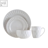White ceramic geo dinner set with a faceted embossed design in the avie 16 pc dinner set