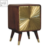 A sleek avora brass embossed 2-drawer chestnut chest with radiant gold panels and nordic-style legs for living room use