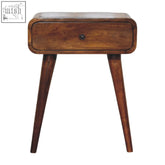 Avora chestnut nightstand featuring a warm brown wooden side table with one drawer and tapered legs