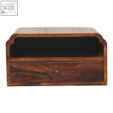 Dark brown chestnut bedside table with curved top drawer and round knob made of natural mango wood