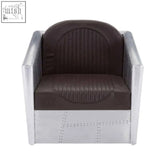 Avro armchair featuring dark brown faux leather upholstery with silver metallic frame and rivet detailing