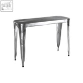 Avro console table with a silver metal rectangular top and tapered legs featuring antique silver finish