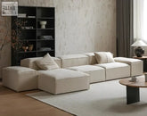 Beige ayame sofa with soft fabric, deep seats, and clean blocky cushions in a minimalist modular design
