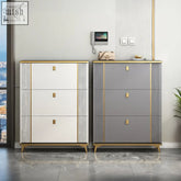 Modern minimalist ayling shoe storage with white and grey lacquer finish and gold-toned metal stripe accents