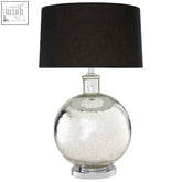 Aysel glass table lamp with silver mercury glass globe and black drum shade perfect for any glass table setup