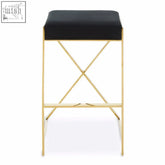 Azalea black and gold finish bar stool with black upholstered seat and gold metal frame featuring x-shaped cross support