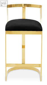 Gold-finished metal azalea bar stool with black velvet upholstered seat perfect as a velvet bar stool option
