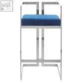 Azalea blue velvet bar stool with a sleek silver chrome frame and plush blue velvet seat for stylish seating