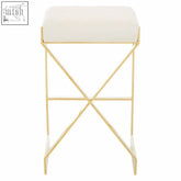 Ivory bar stool with white upholstered seat and gold-toned x-shaped metal base perfect as an ivory bar stool