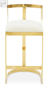 Gold finished metal velvet bar stool with ivory velvet upholstered seat for stylish bar seating