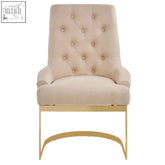 Beige tufted azalea natural dining chair with gold metal legs and soft upholstery for natural dining style seating
