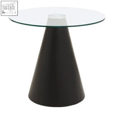 Black conical base supporting the azalea round clear glass top dining table with a clear glass tabletop