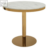 Azalea round marble dining table with white marble top and sleek gold pedestal base perfect for stylish meals