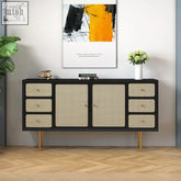 Black-framed babs rattan sideboard with woven cane doors drawers and slim gold legs perfect for stylish storage