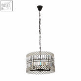 Black metal babylon 5 light crystal pendant light with cylindrical cage and clear crystal pendant accents hanging from chain