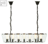 Black chain-linked babylon seven light pendant light with clear glass panels and exposed filament bulbs