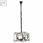 Black braided cord suspends babylon black 6 light chandelier with matte black frame and clear glass cylinders